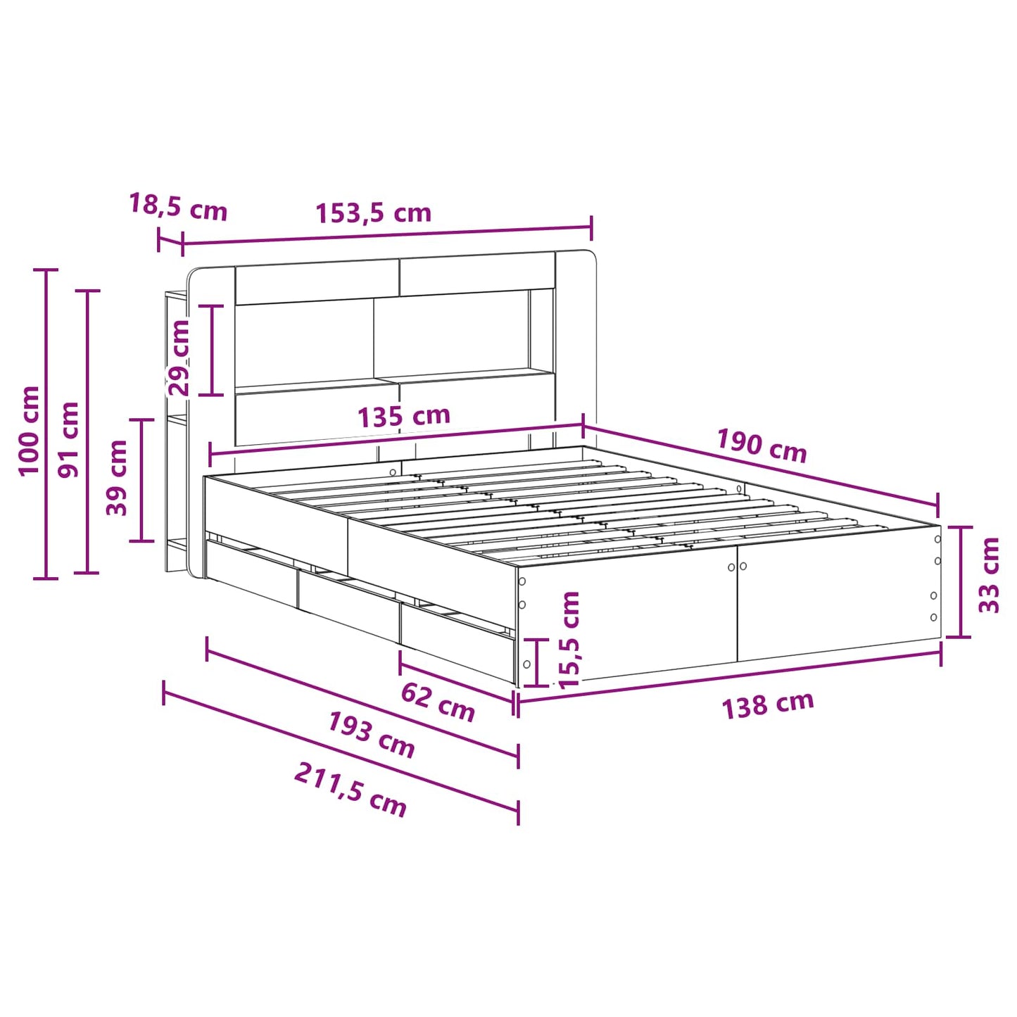Telaio del letto con storage Rovere Fumo 135 x 190 cm | homemem39