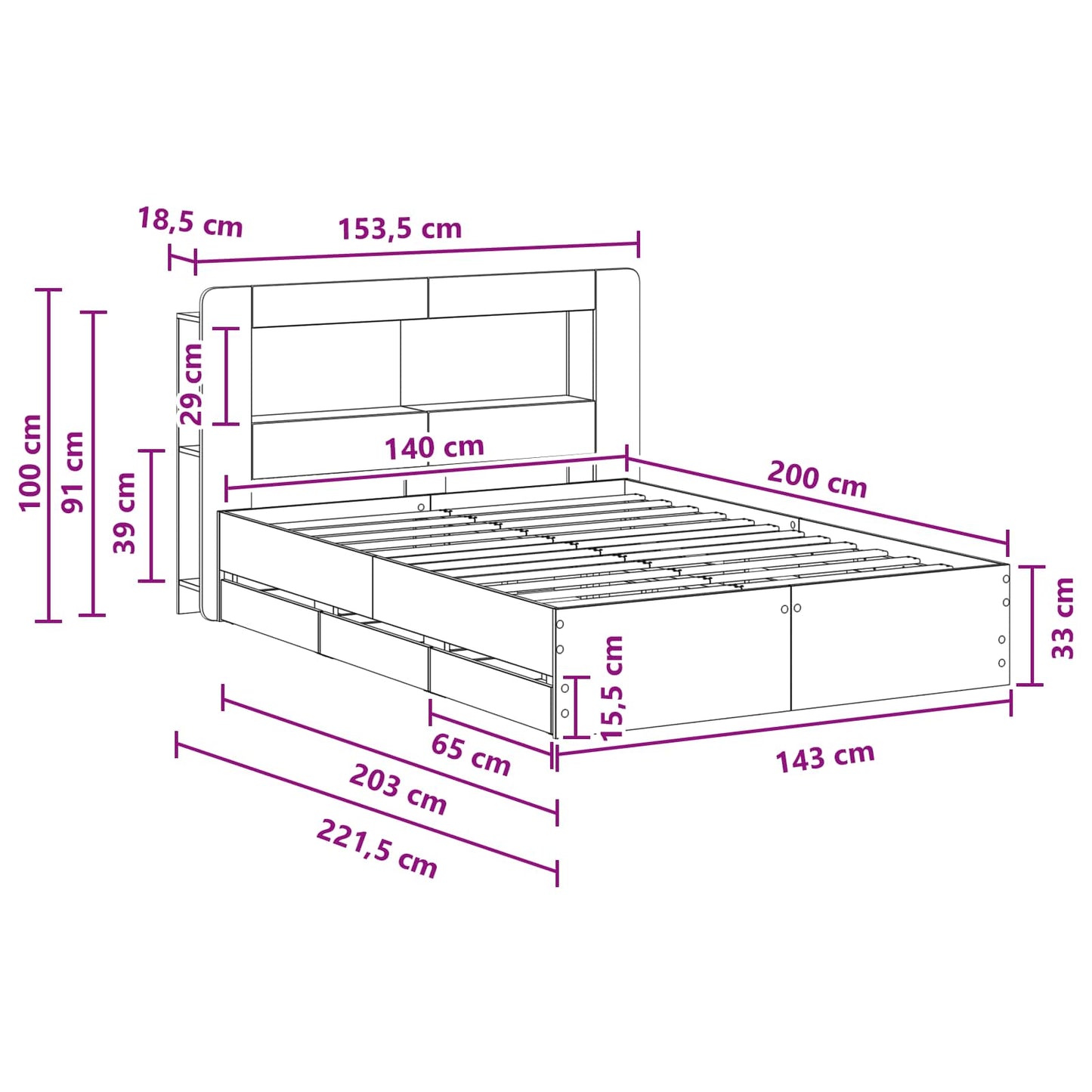 Telaio del letto con storage Sonoma grigio 140 x 200 cm | homemem39