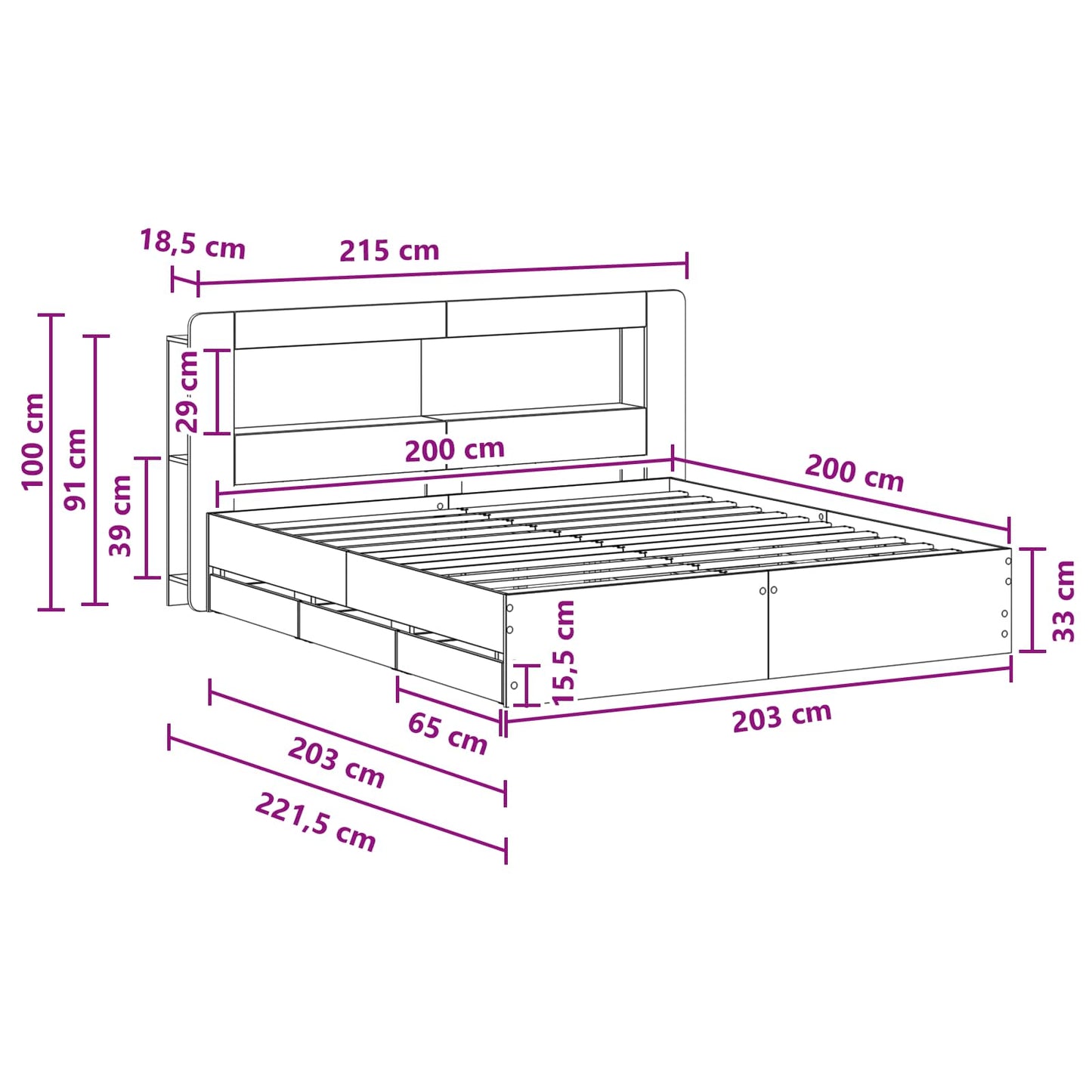 Telaio del letto con storage con testiera Nero 200 x 200 cm | homemem39