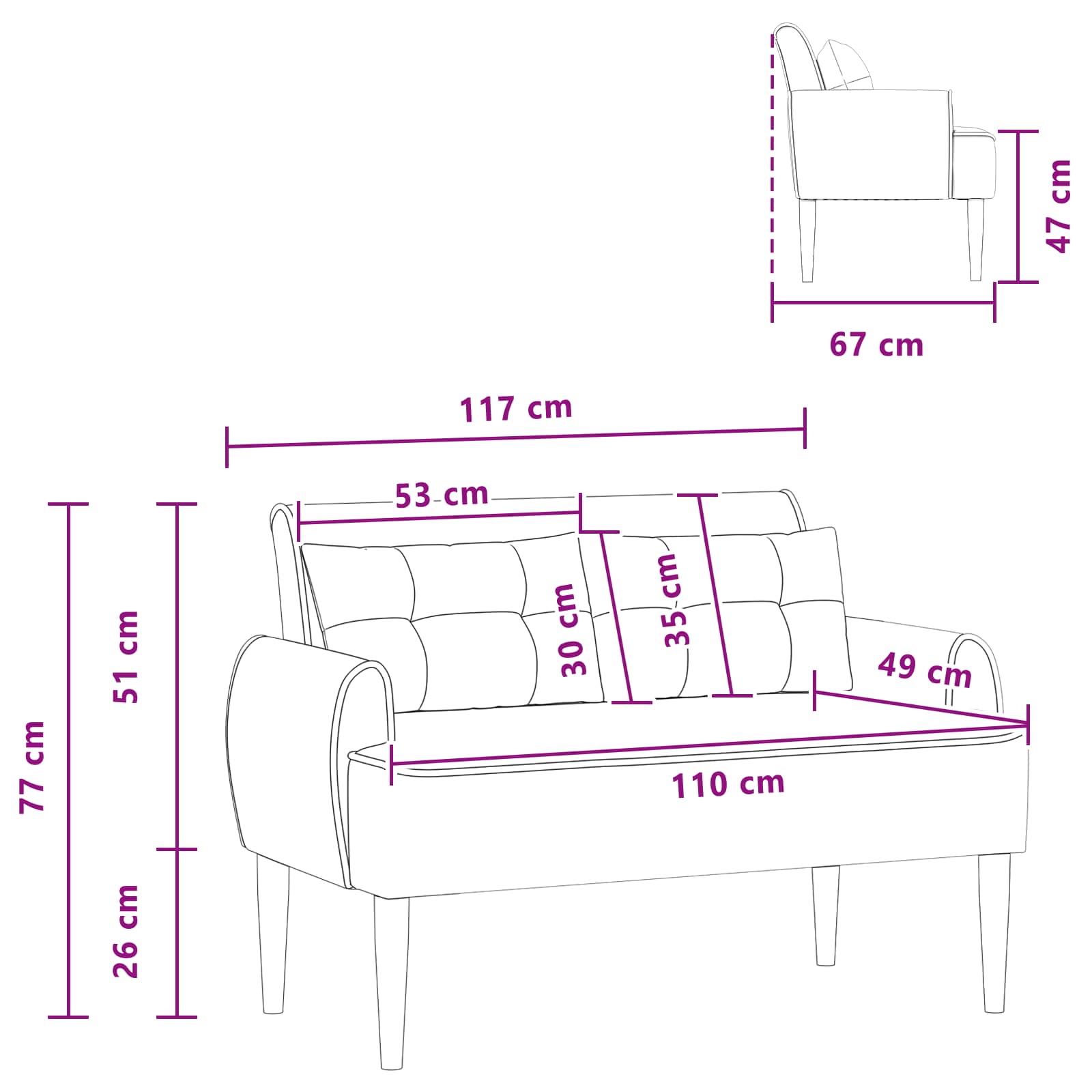 Loveseat con bottoni imbottiti Grigio Chiaro 117 x 67 x 77 cm | homemem39