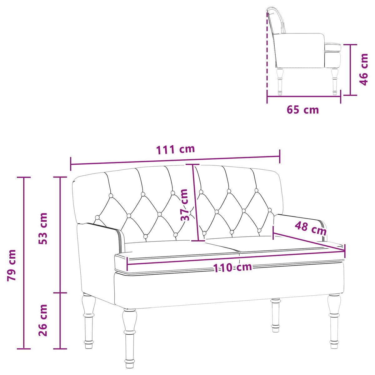 Loveseat con bottoni imbottiti Blu 111 x 65 x 79 cm Velluto