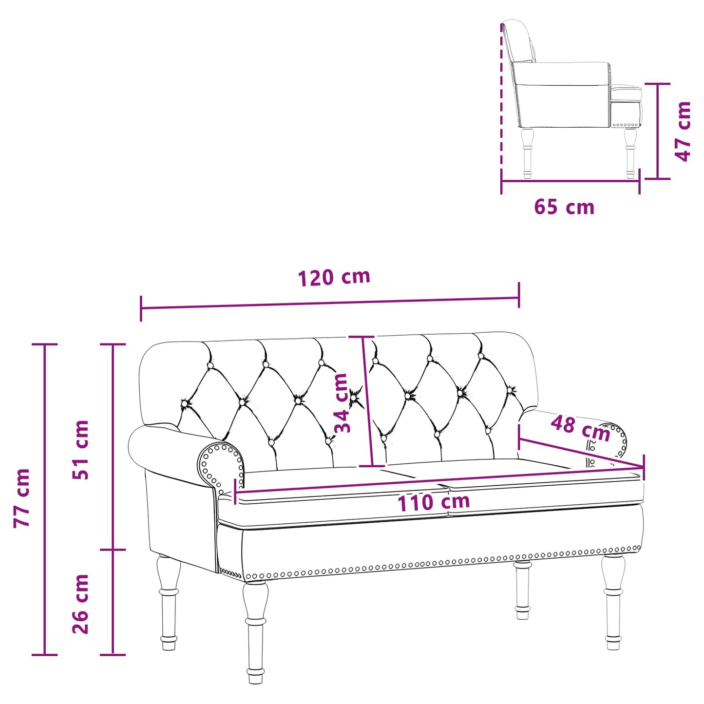 Loveseat con bottoni imbottiti Nero 120 x 65 x 77 cm Similpelle | homemem39