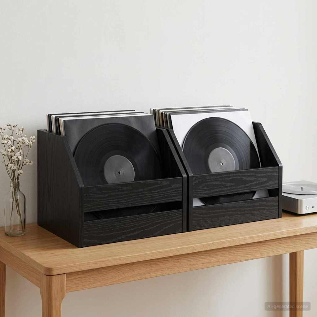 Scatola per album in vinile 2 pz Rovere Nero 38 x 30 x 29 cm | homemem39