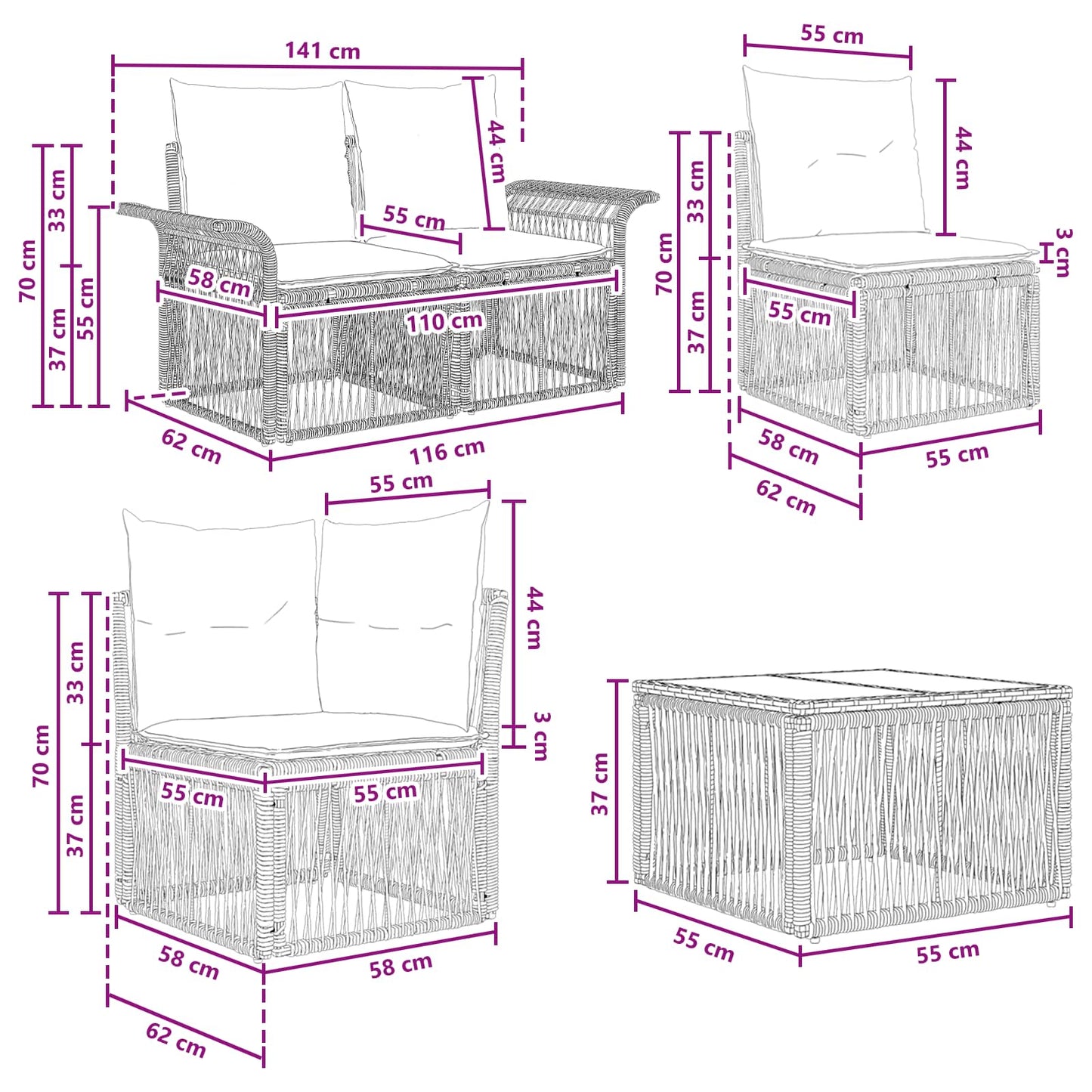 Set Divano da Giardino 9 pcs Nero polyrattan | homemem39