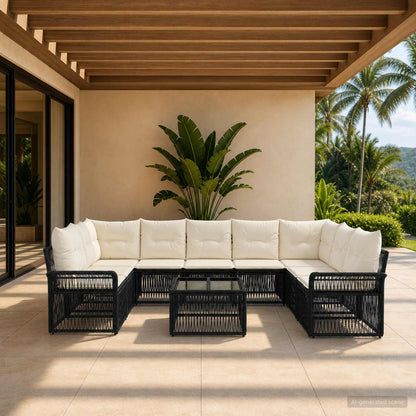 Set Divano da Giardino 10 pcs Nero polyrattan | homemem39