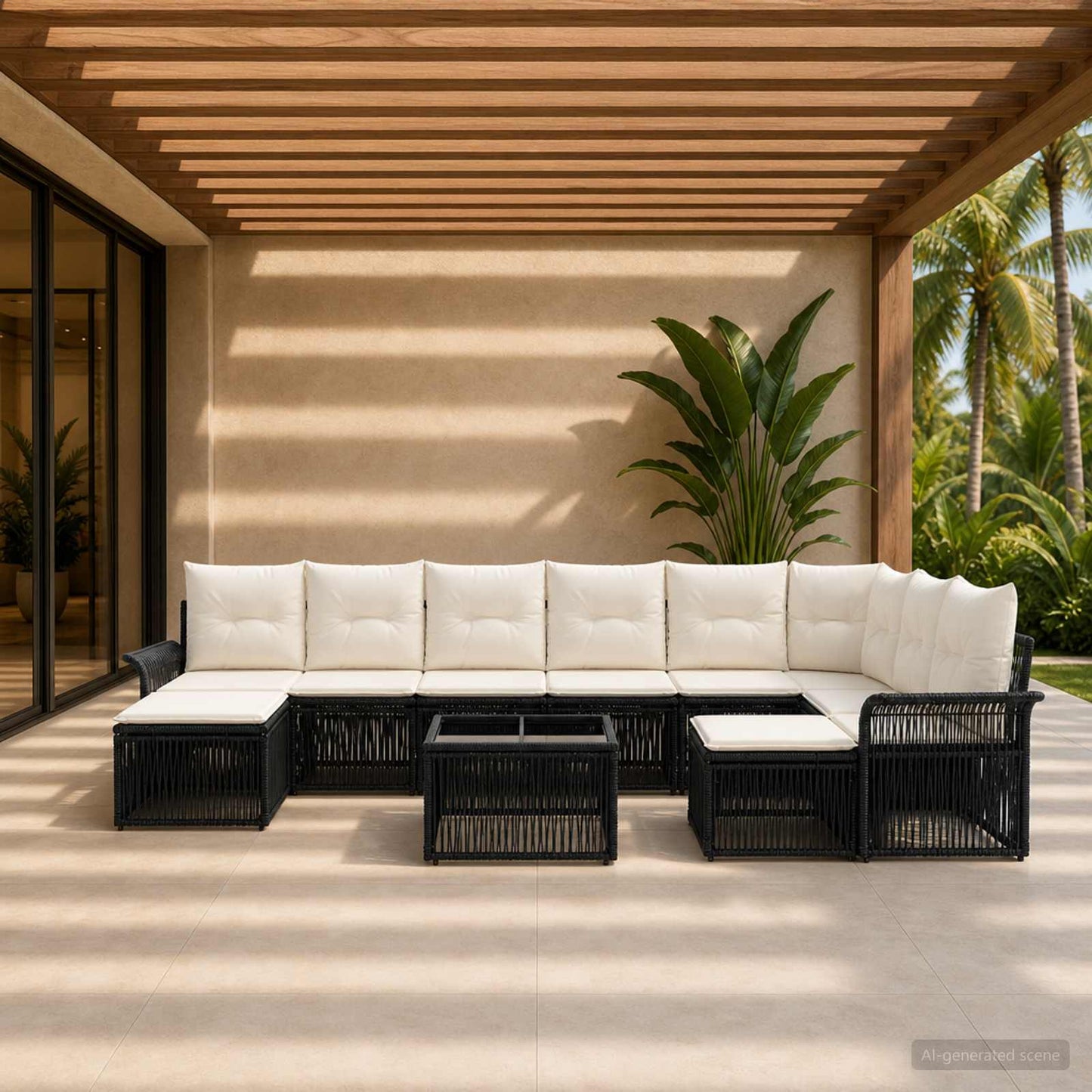 Set Divano da Giardino 10 pcs Nero e Bianco Crema polyrattan | homemem39