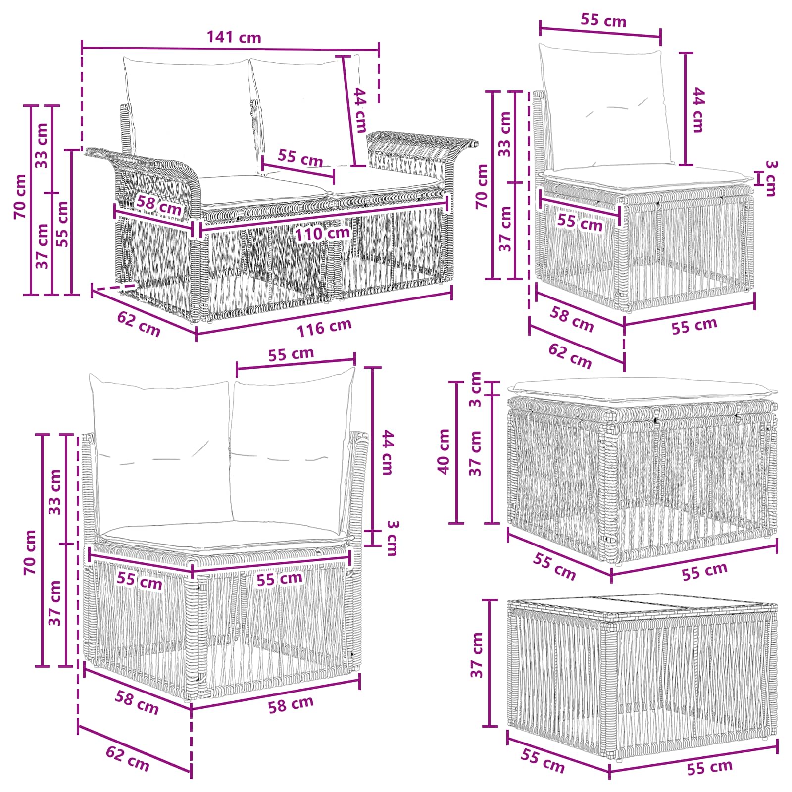 Set Divano da Giardino 12 pcs Nero e Bianco Crema polyrattan | homemem39