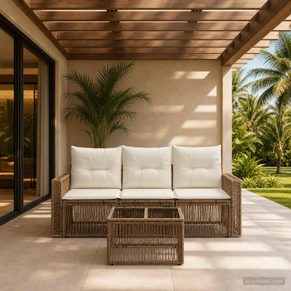 Set Divano da Giardino 4 pcs Beige e Bianco Crema polyrattan | homemem39
