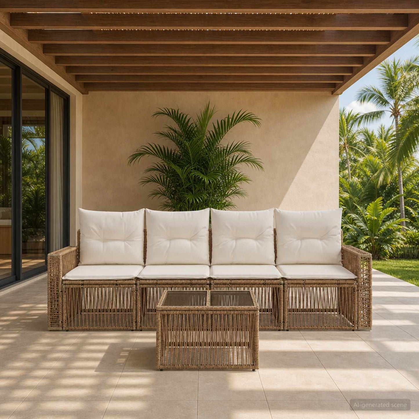 Set Divano da Giardino 5 pcs Beige e Bianco Crema polyrattan | homemem39