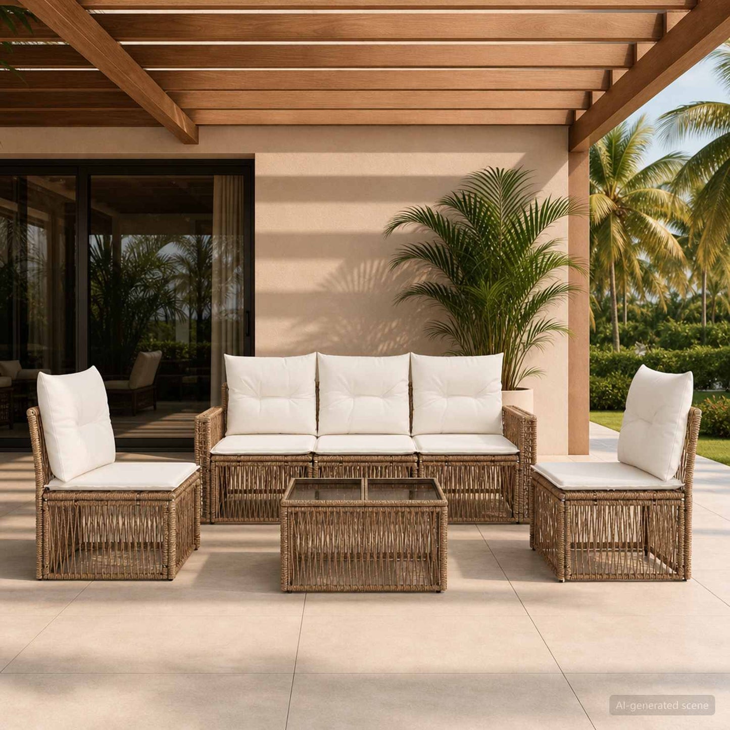 Set Divano da Giardino 6 pcs Beige e Bianco Crema polyrattan | homemem39