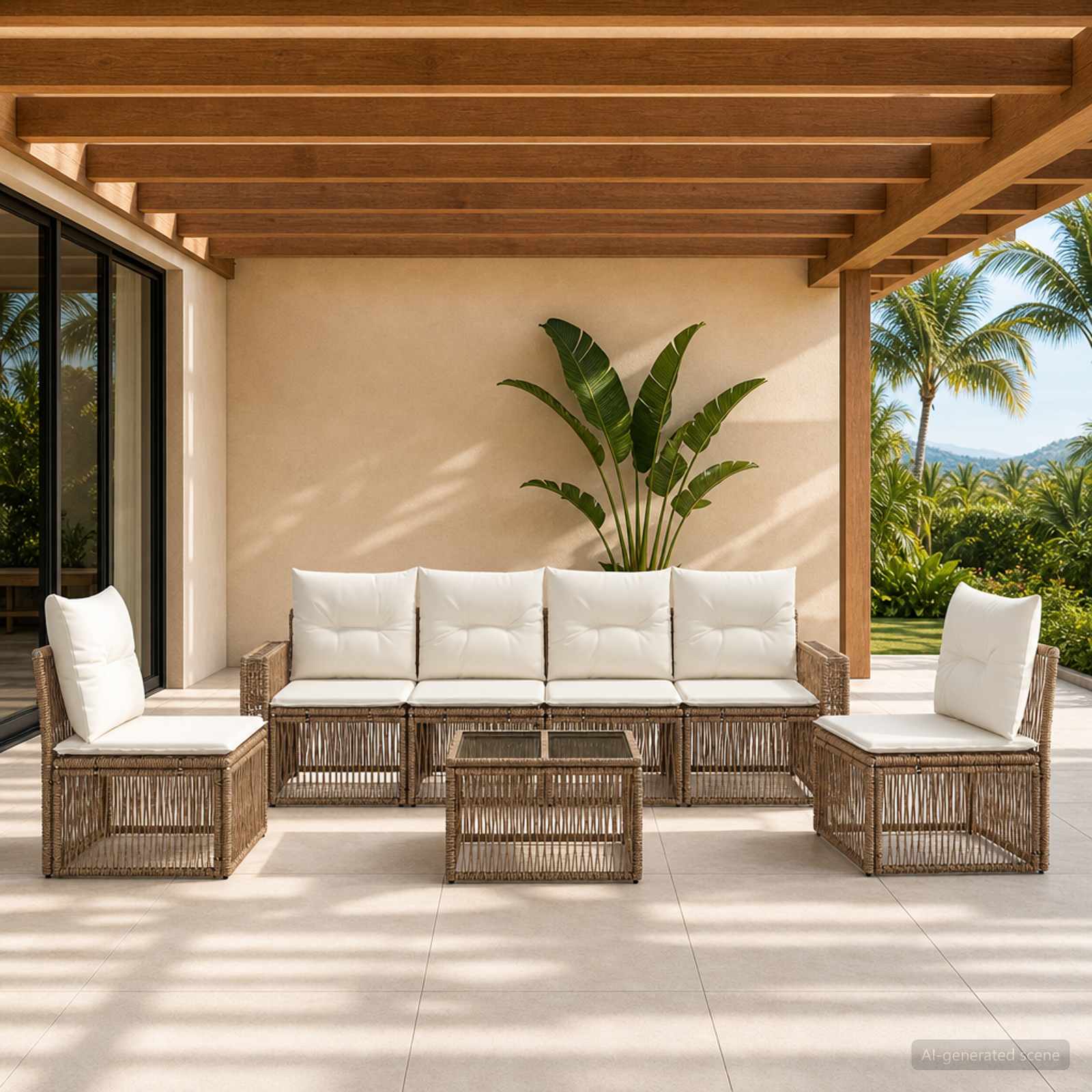 Set Divano da Giardino 7 pcs Beige e Bianco Crema polyrattan | homemem39