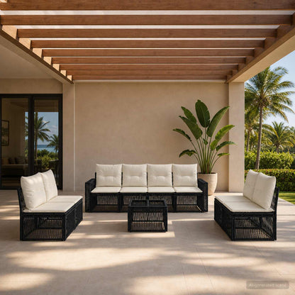 Set Divano da Giardino 9 pcs Nero e Bianco Crema polyrattan | homemem39