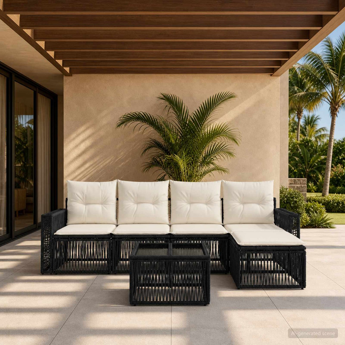 Set Divano da Giardino 6 pcs Nero e Bianco Crema polyrattan | homemem39