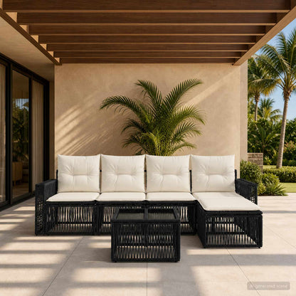 Set Divano da Giardino 6 pcs Nero e Bianco Crema polyrattan | homemem39