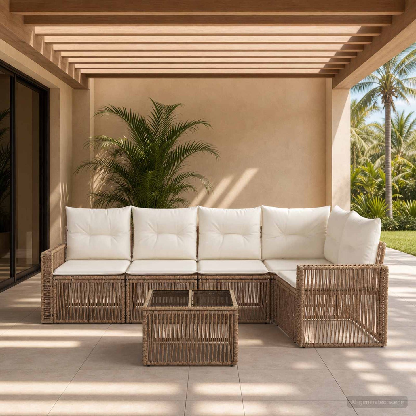 Set Divano da Giardino 6 pz Beige e Bianco Crema polyrattan