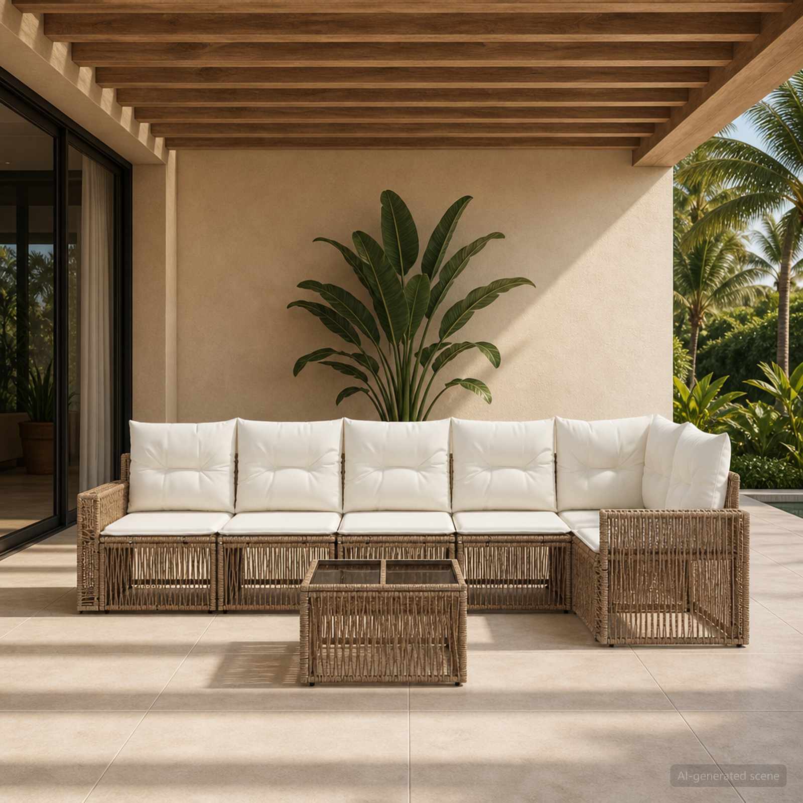 Set Divano da Giardino 7 pcs Beige e Bianco Crema polyrattan | homemem39