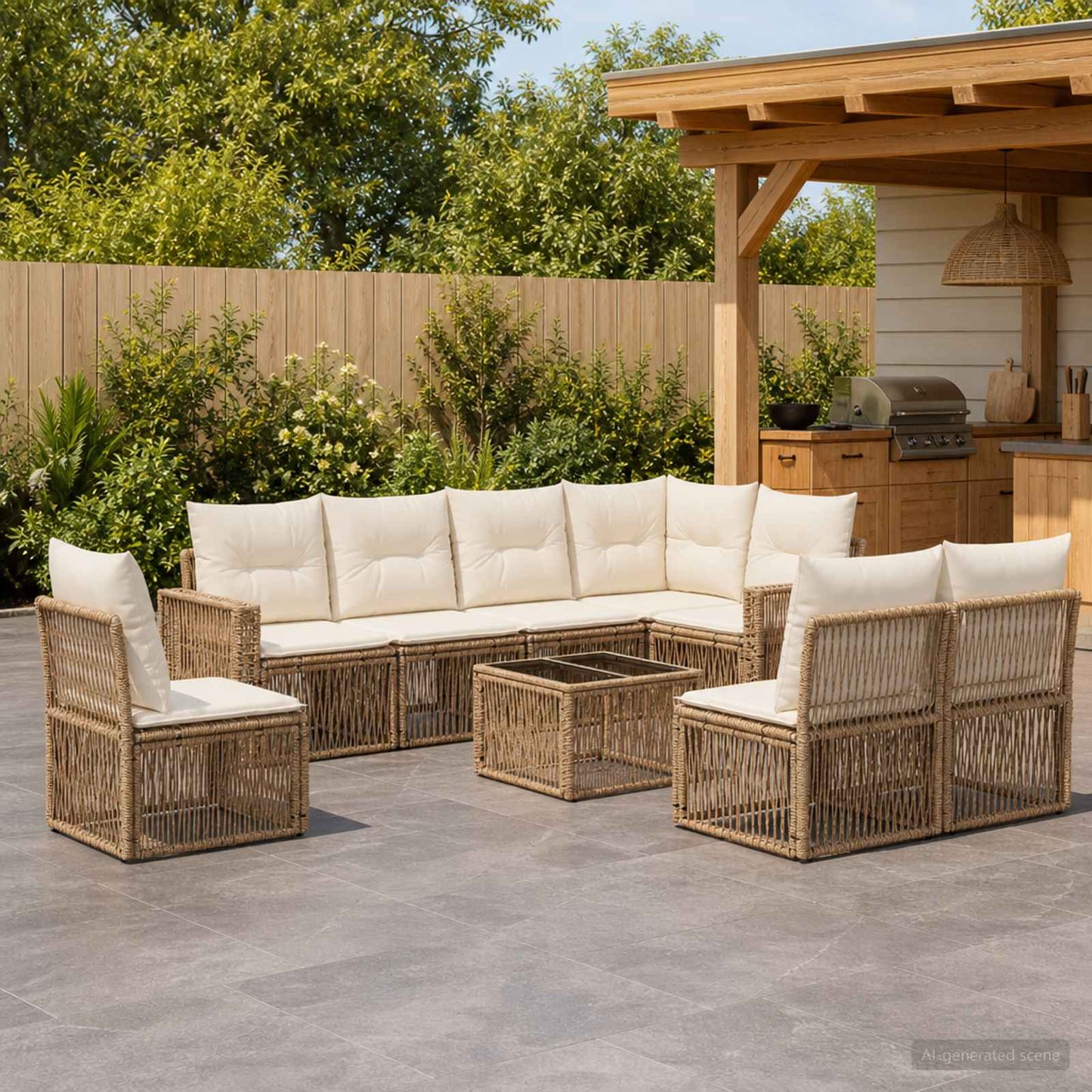 Set Divano da Giardino 9 pcs Beige e Bianco Crema polyrattan | homemem39