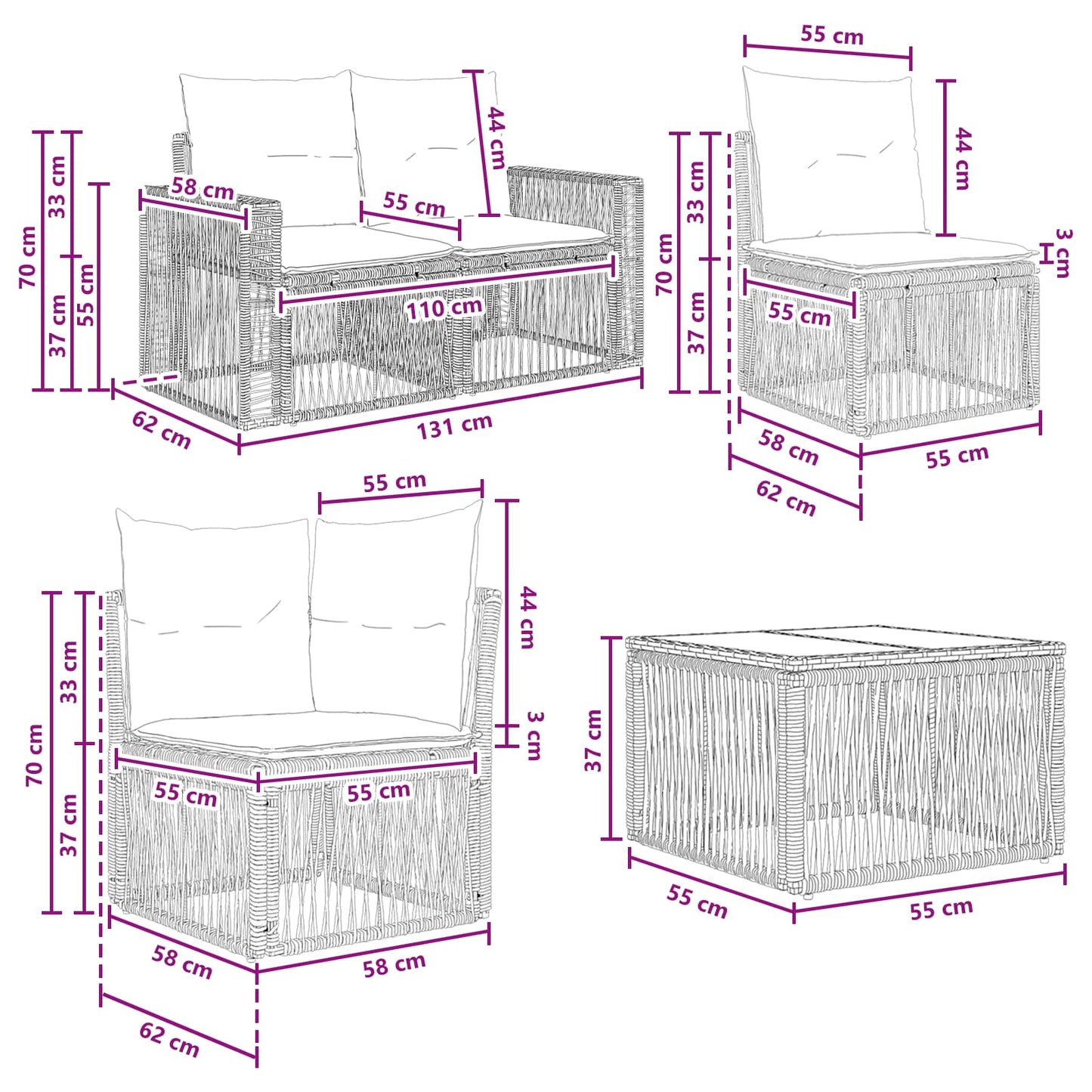 Set Divano da Giardino 11 pcs Nero e Bianco Crema polyrattan | homemem39