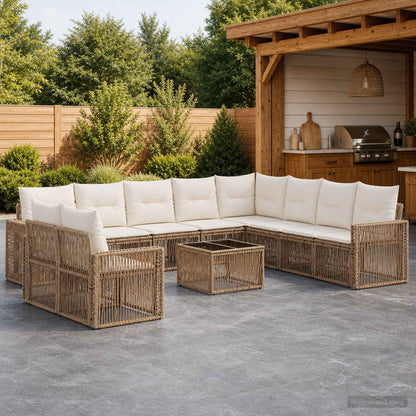 Set Divano da Giardino 11 pz Beige e Bianco Crema polyrattan