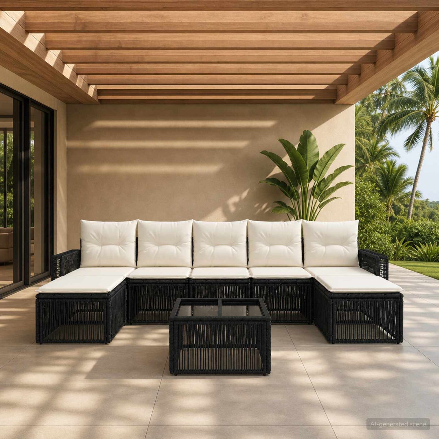 Set Divano da Giardino 8 pcs Nero e Bianco Crema polyrattan | homemem39
