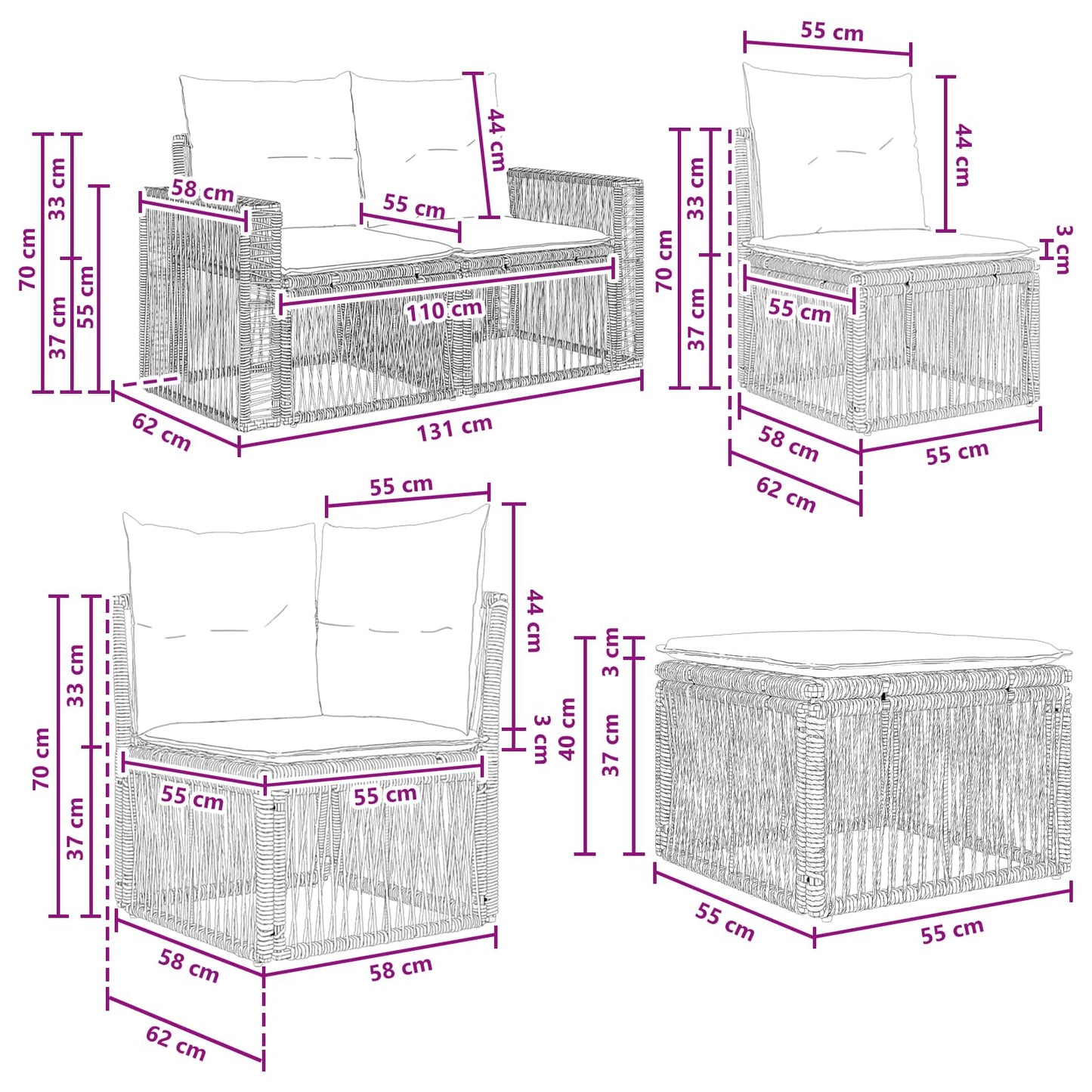 Set Divano da Giardino 8 pcs Nero e Bianco Crema polyrattan | homemem39