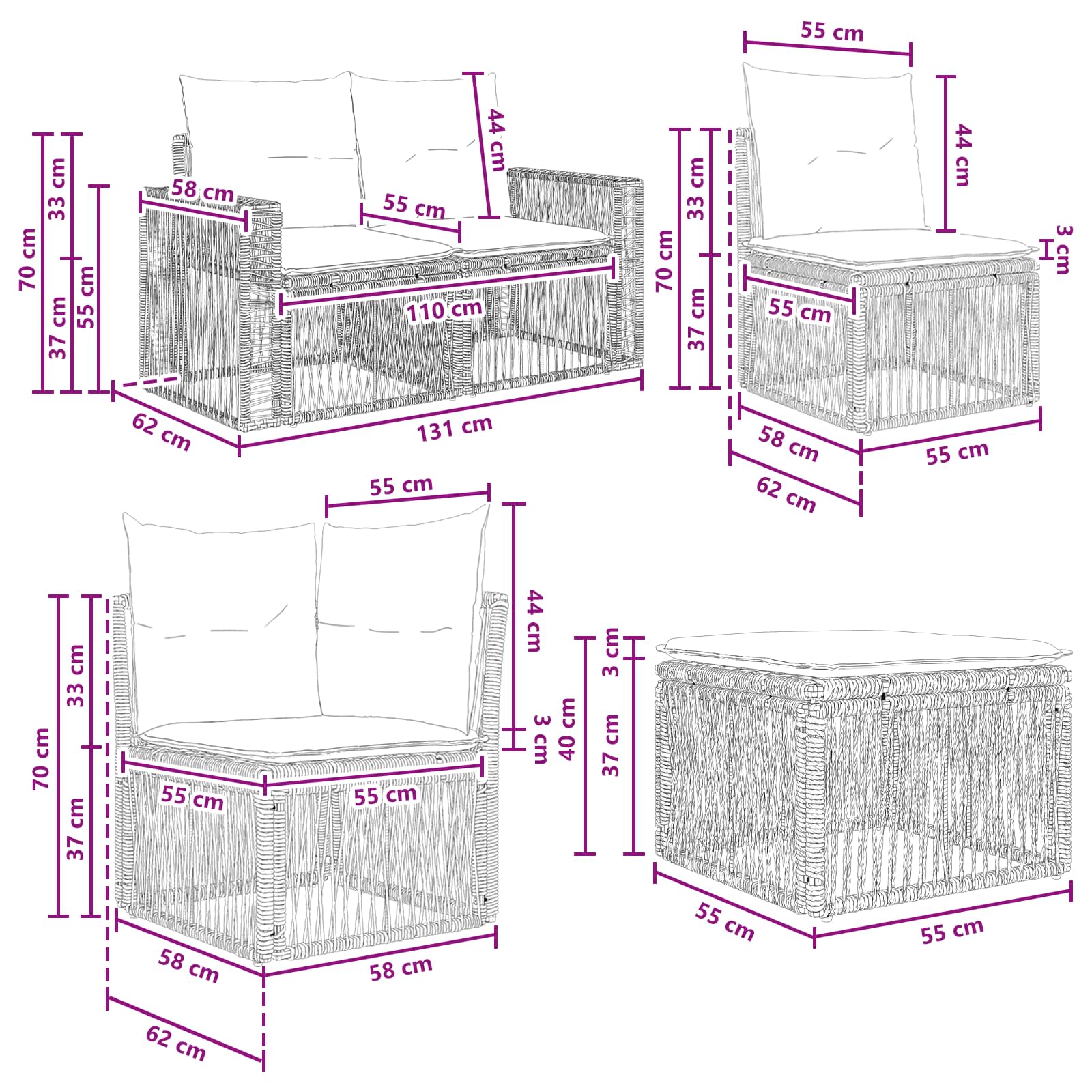 Set Divano da Giardino 8 pcs Nero e Bianco Crema polyrattan | homemem39