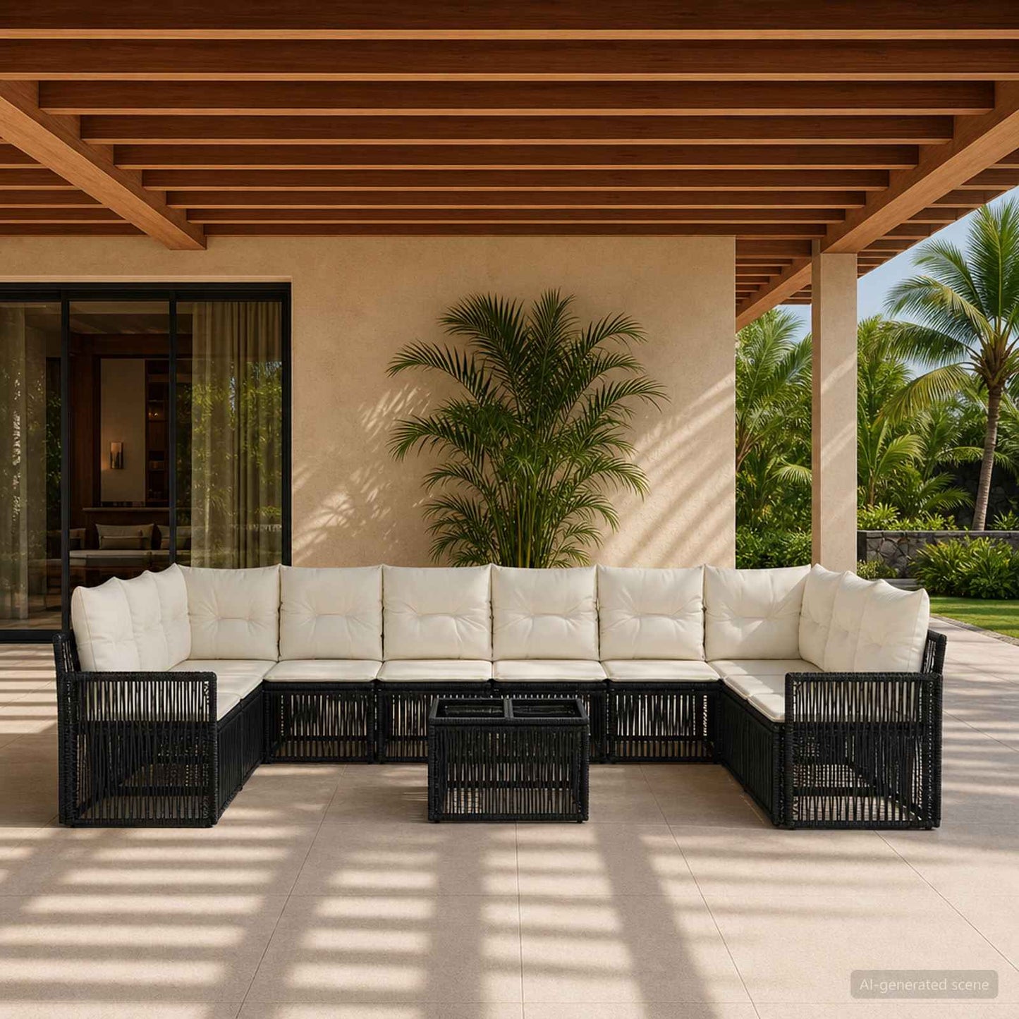 Set Divano da Giardino 11 pcs Nero e Bianco Crema polyrattan | homemem39