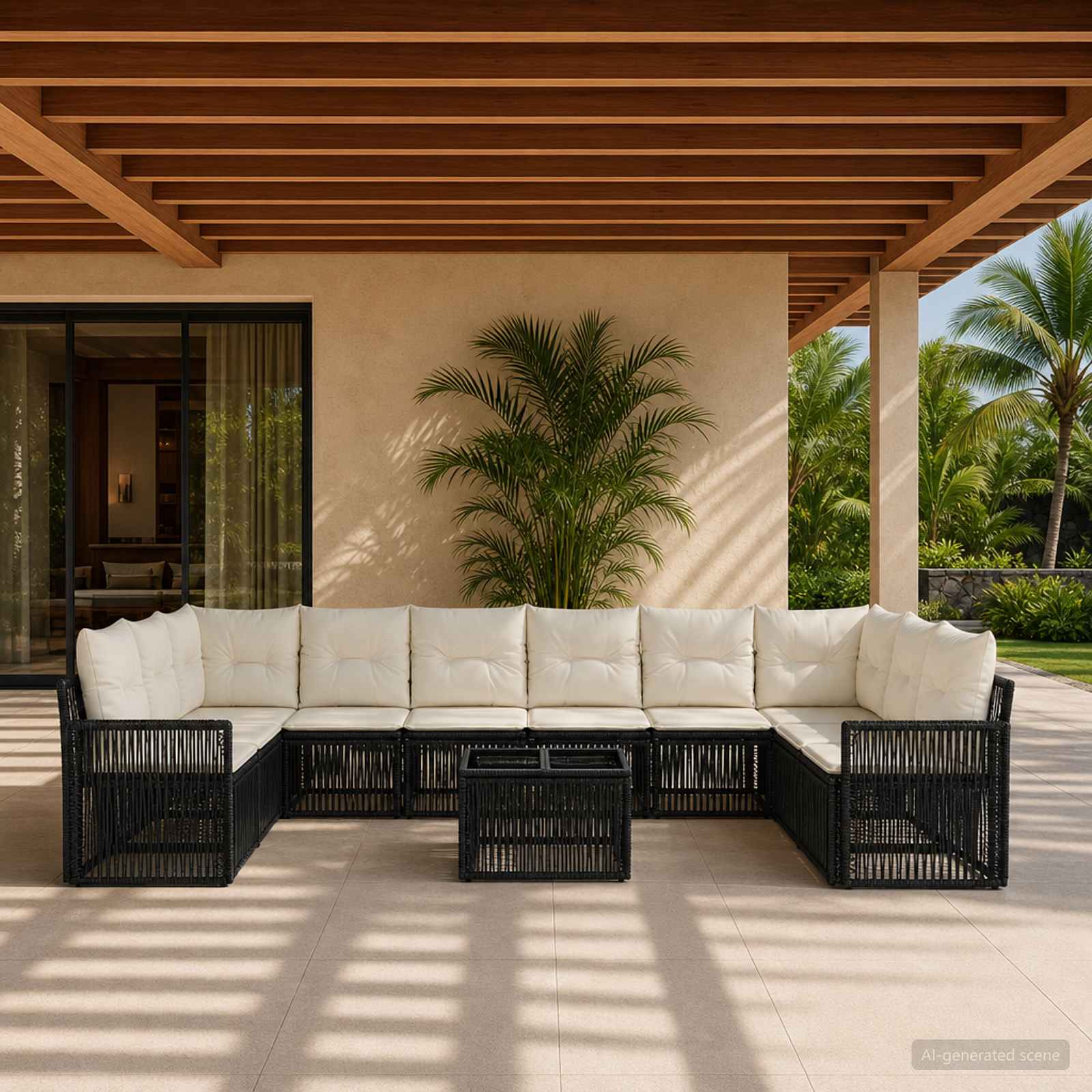 Set Divano da Giardino 11 pcs Nero e Bianco Crema polyrattan | homemem39