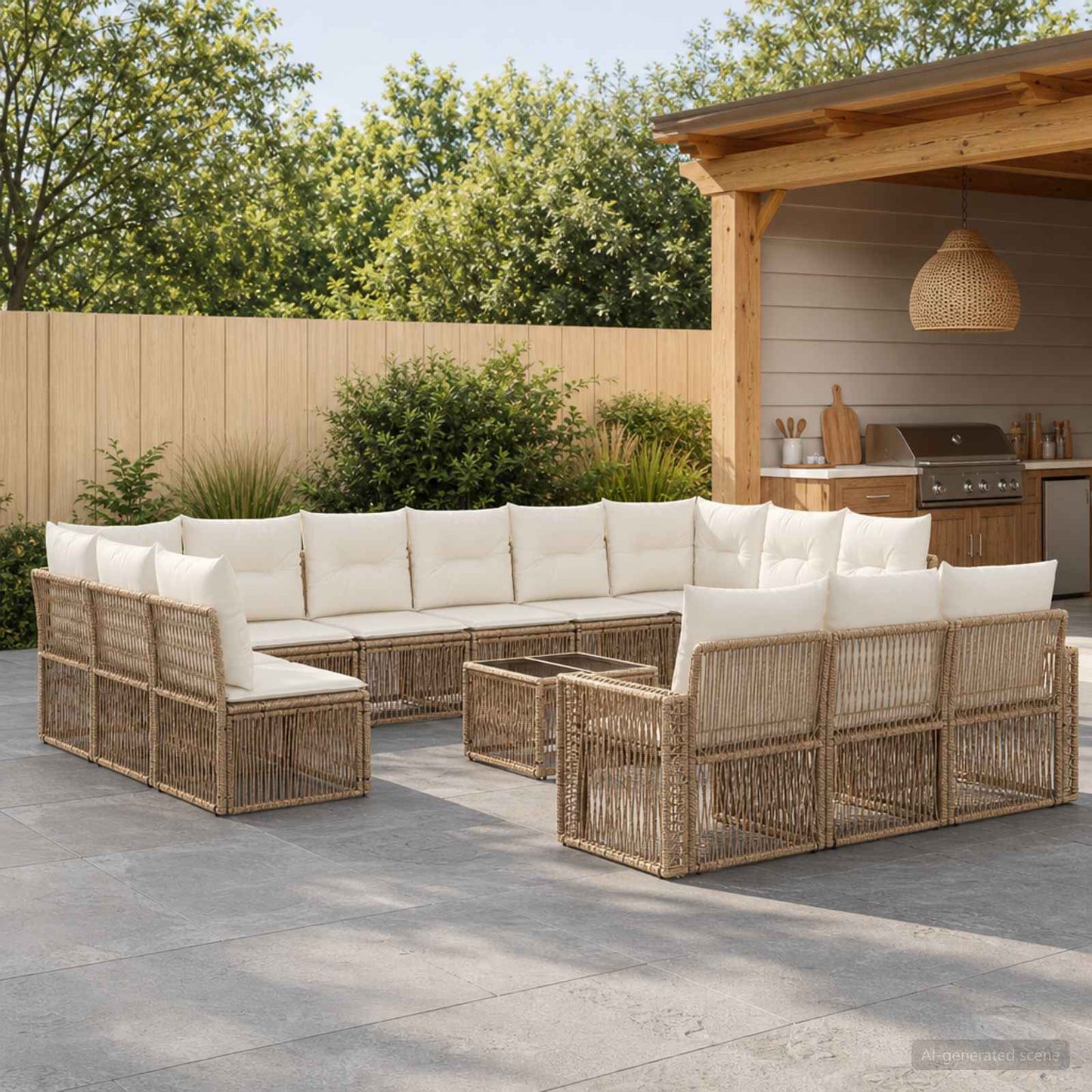 Set Divano da Giardino 14 pz Beige e Bianco Crema polyrattan