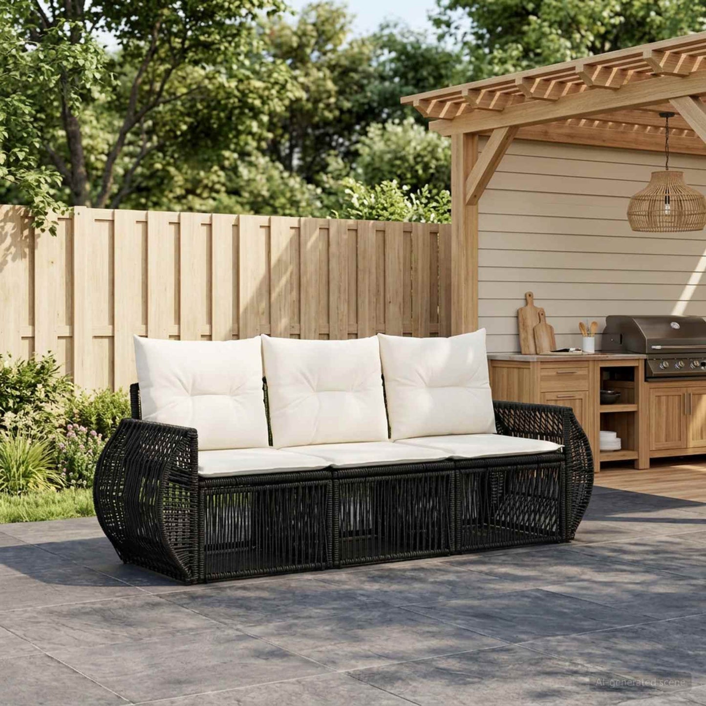 Set Divano da Giardino 3 pz Nero e Bianco Crema polyrattan | homemem39