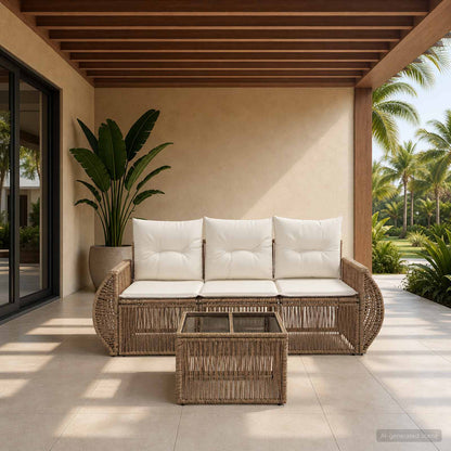 Set Divano da Giardino 4 pcs Beige e Bianco Crema polyrattan | homemem39