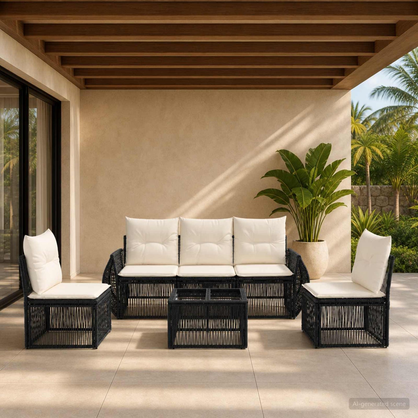 Set Divano da Giardino 6 pcs Nero e Bianco Crema polyrattan | homemem39