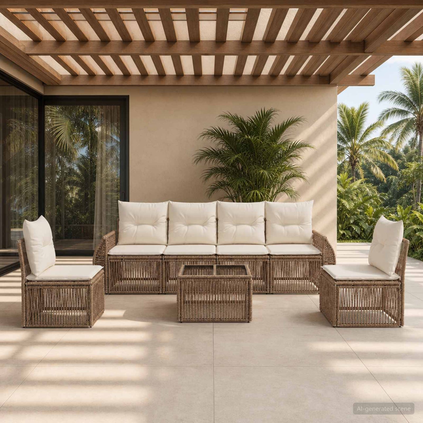 Set Divano da Giardino 7 pcs Beige e Bianco Crema polyrattan | homemem39
