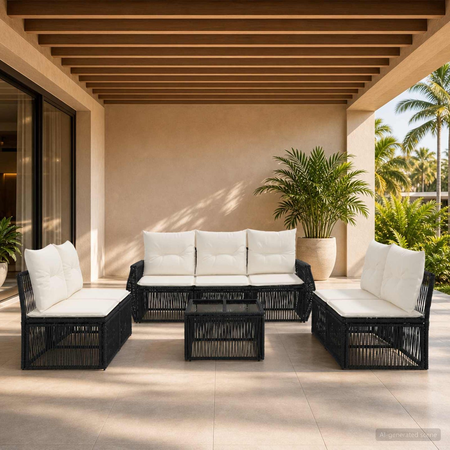 Set Divano da Giardino 8 pcs Nero e Bianco Crema polyrattan | homemem39