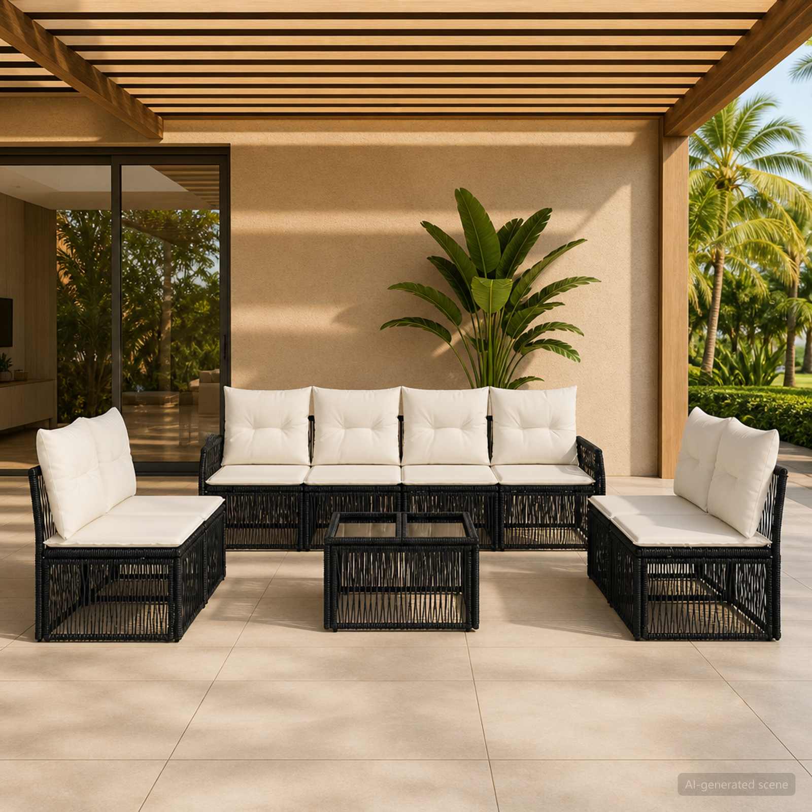 Set Divano da Giardino 9 pcs Nero e Bianco Crema polyrattan | homemem39
