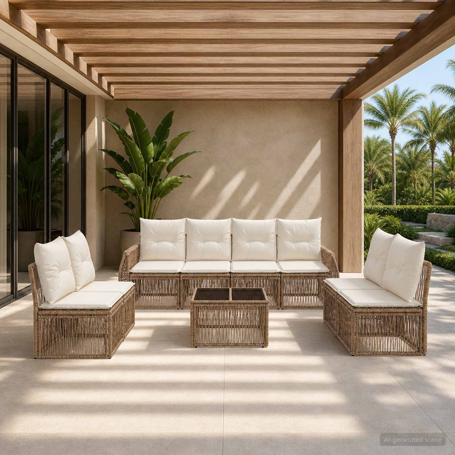 Set Divano da Giardino 9 pcs Beige e Bianco Crema polyrattan | homemem39