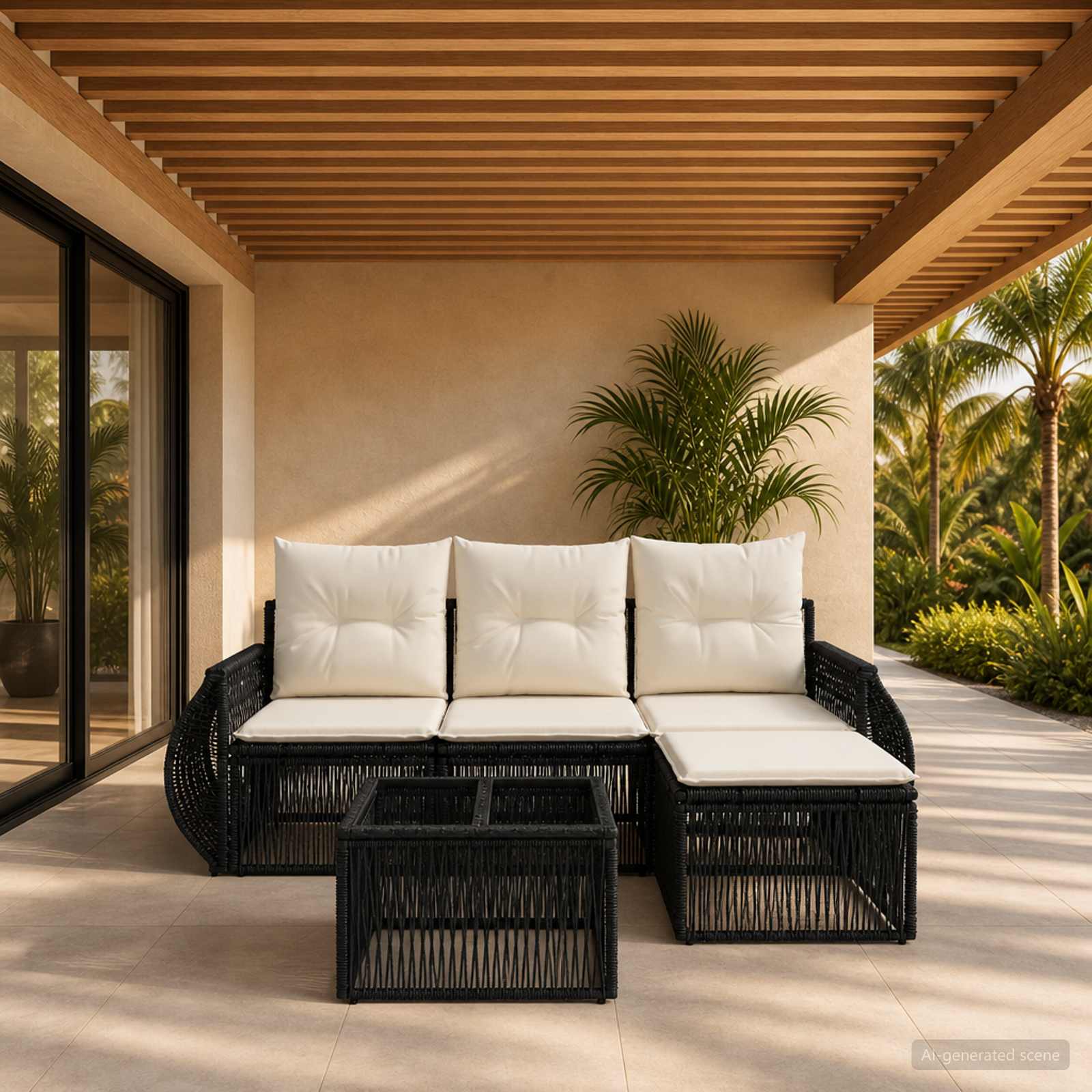 Set Divano da Giardino 5 pcs Nero e Bianco Crema polyrattan | homemem39