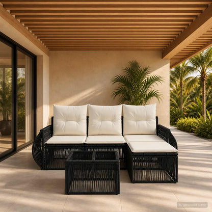 Set Divano da Giardino 5 pcs Nero e Bianco Crema polyrattan | homemem39