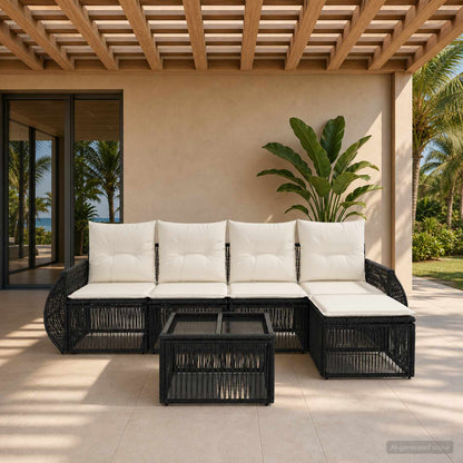 Set Divano da Giardino 6 pcs Nero e Bianco Crema polyrattan | homemem39