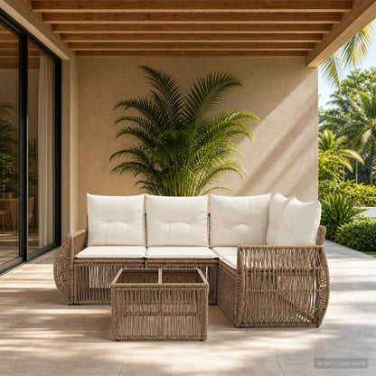 Set Divano da Giardino 5 pz Beige e Bianco Crema polyrattan