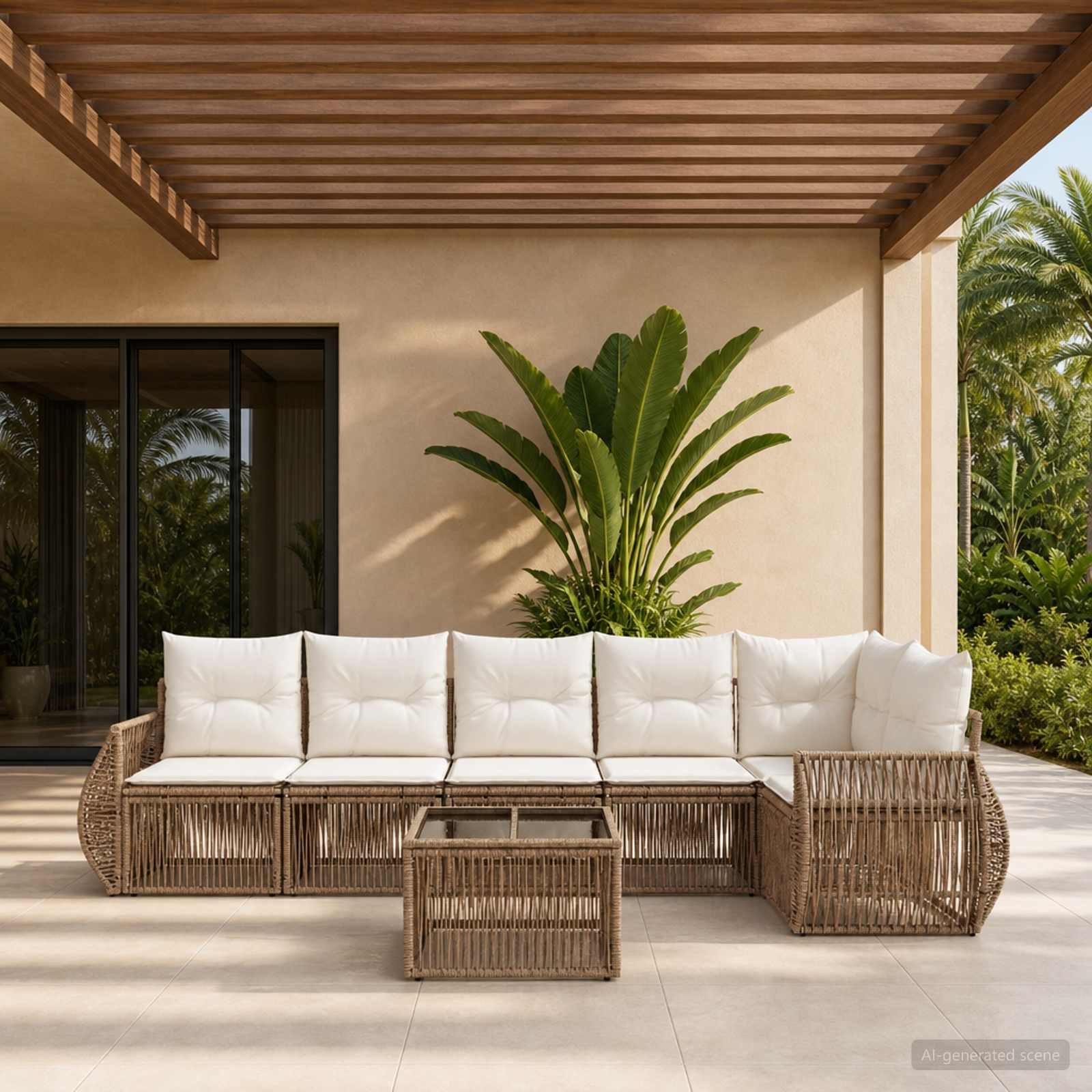 Set Divano da Giardino 7 pcs Beige e Bianco Crema polyrattan | homemem39