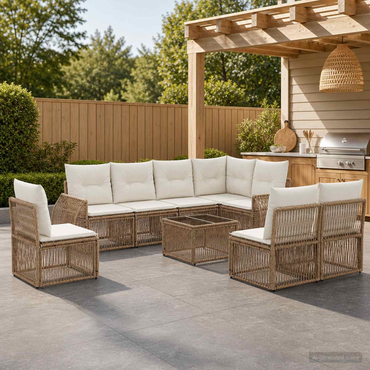 Set Divano da Giardino 9 pcs Beige e Bianco Crema polyrattan | homemem39