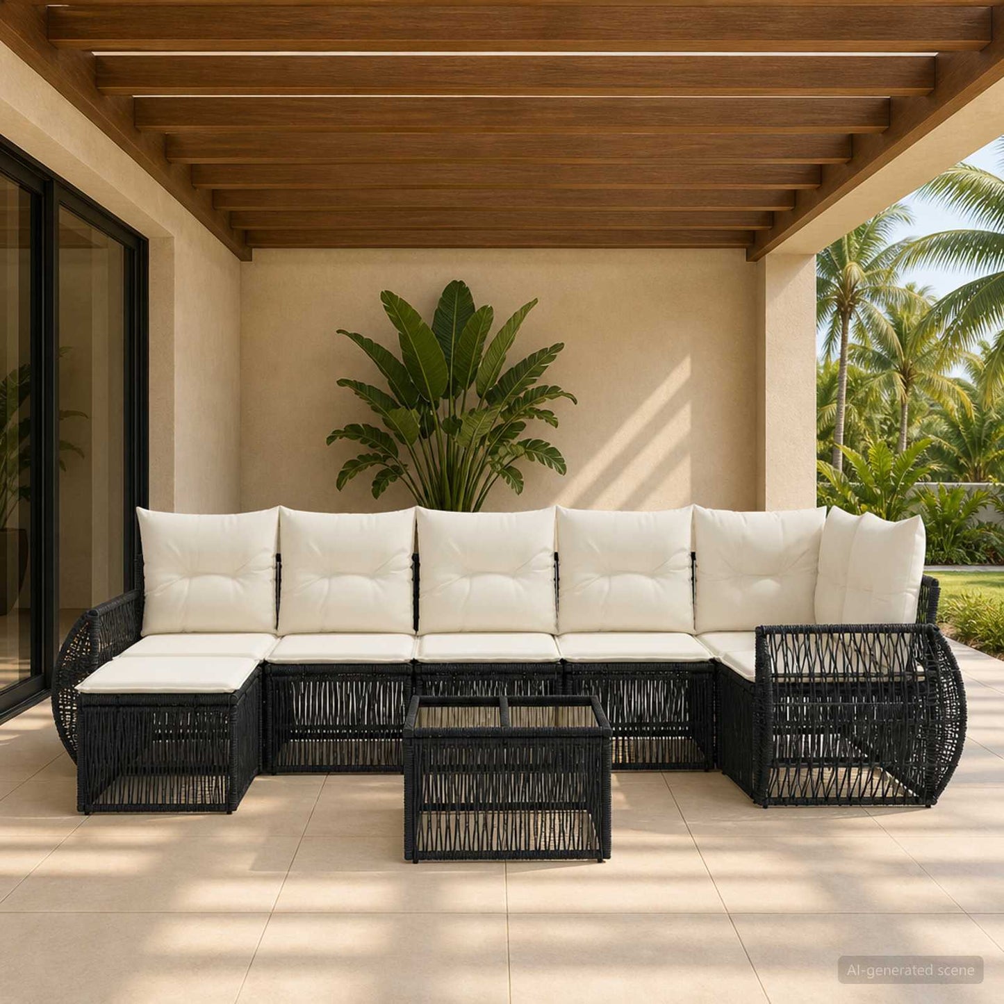 Set Divano da Giardino 8 pcs Nero e Bianco Crema polyrattan | homemem39