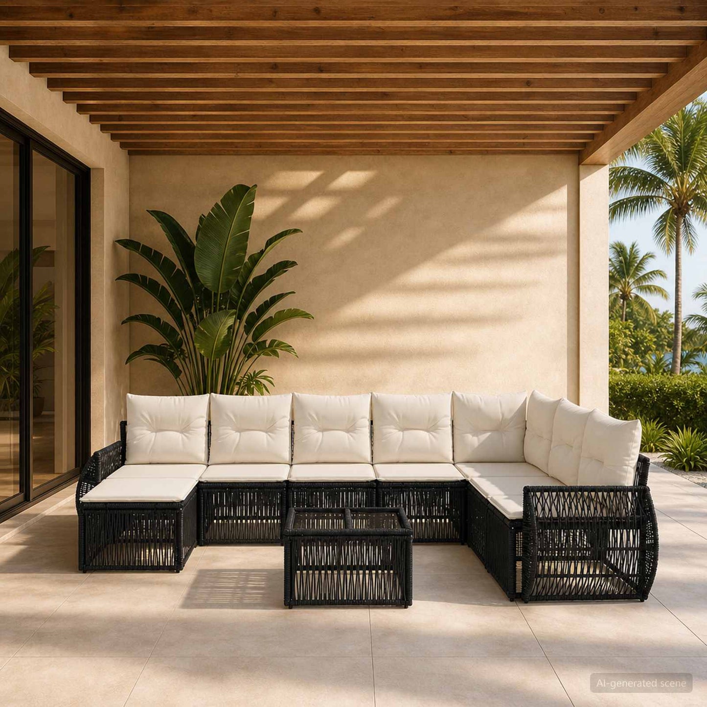 Set Divano da Giardino 9 pcs Nero e Bianco Crema polyrattan | homemem39