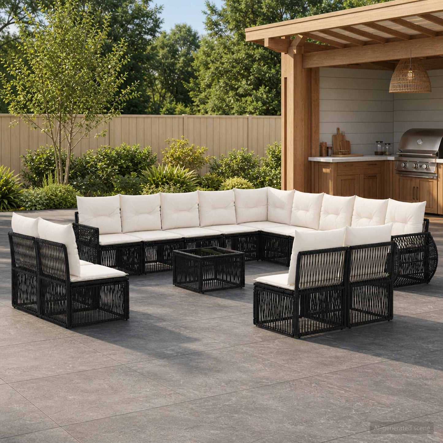 Set Divano da Giardino 14 pcs Nero e Bianco Crema polyrattan | homemem39