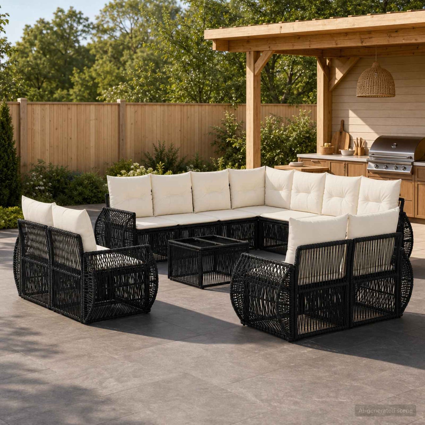 Set Divano da Giardino 12 pcs Nero e Bianco Crema polyrattan | homemem39