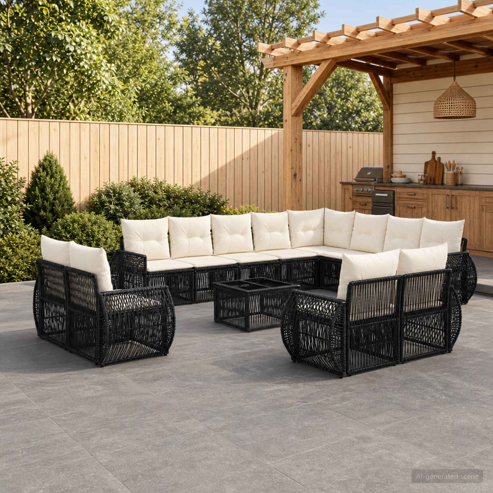 Set Divano da Giardino 13 pcs Nero e Bianco Crema polyrattan | homemem39