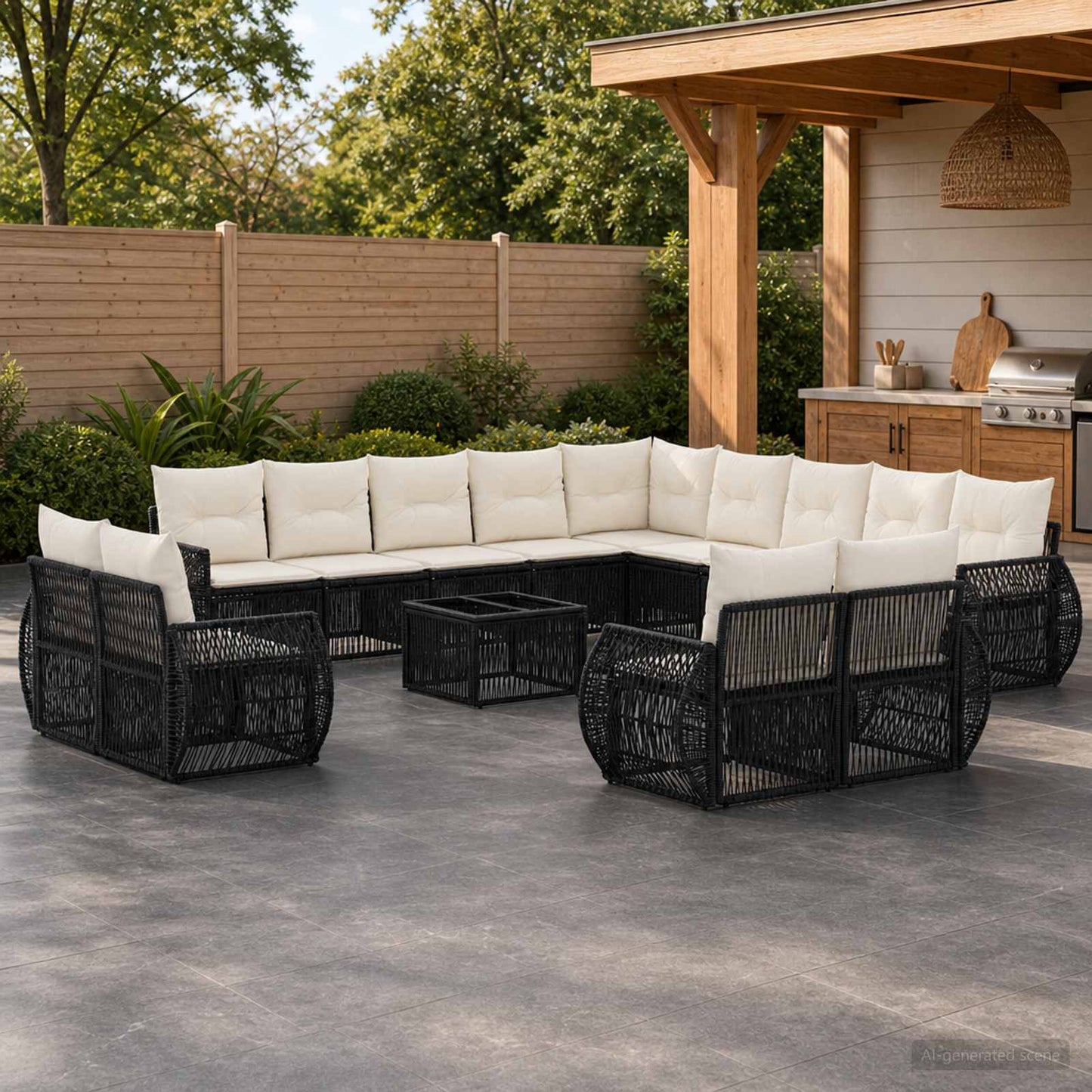 Set Divano da Giardino 14 pcs Nero e Bianco Crema polyrattan | homemem39