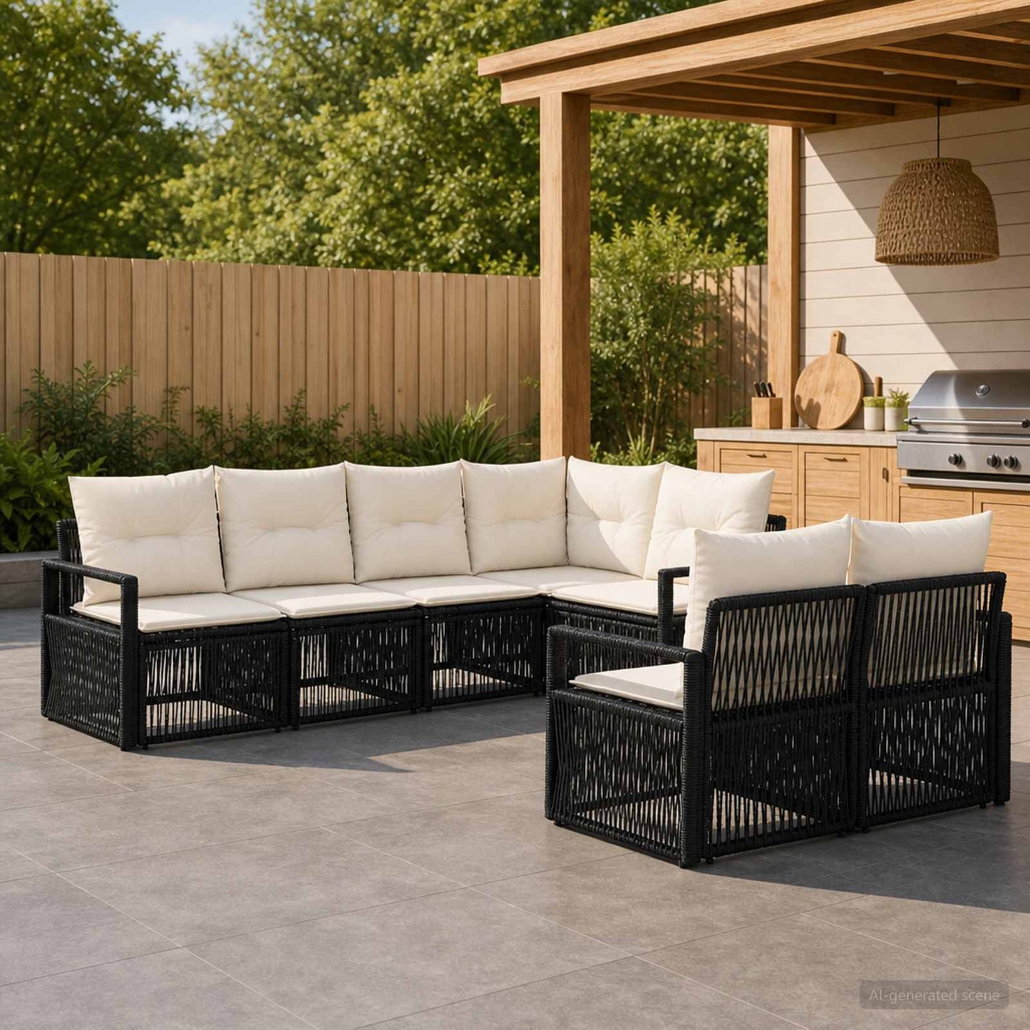 Set Divano da Giardino 7 pz 7-Numero di posti Nero polyrattan