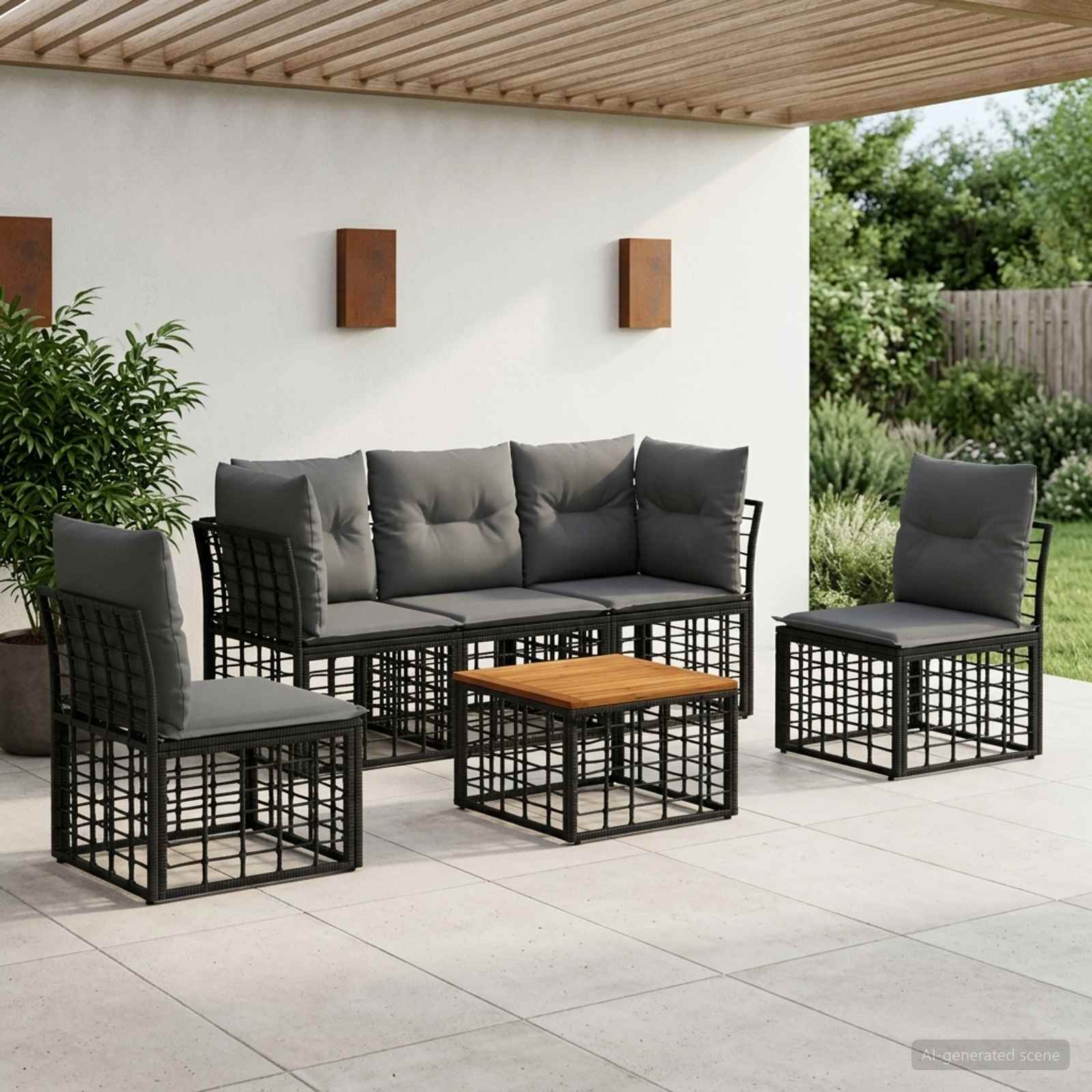 Set di divani da esterno 6 pcs Nero e Grigio scuro Poliestere | homemem39